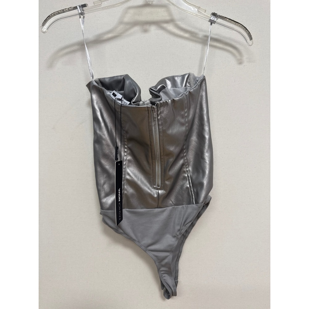 Fashion Nova Valentine Metallic PU Corset Bodysuit Silver Small NWT